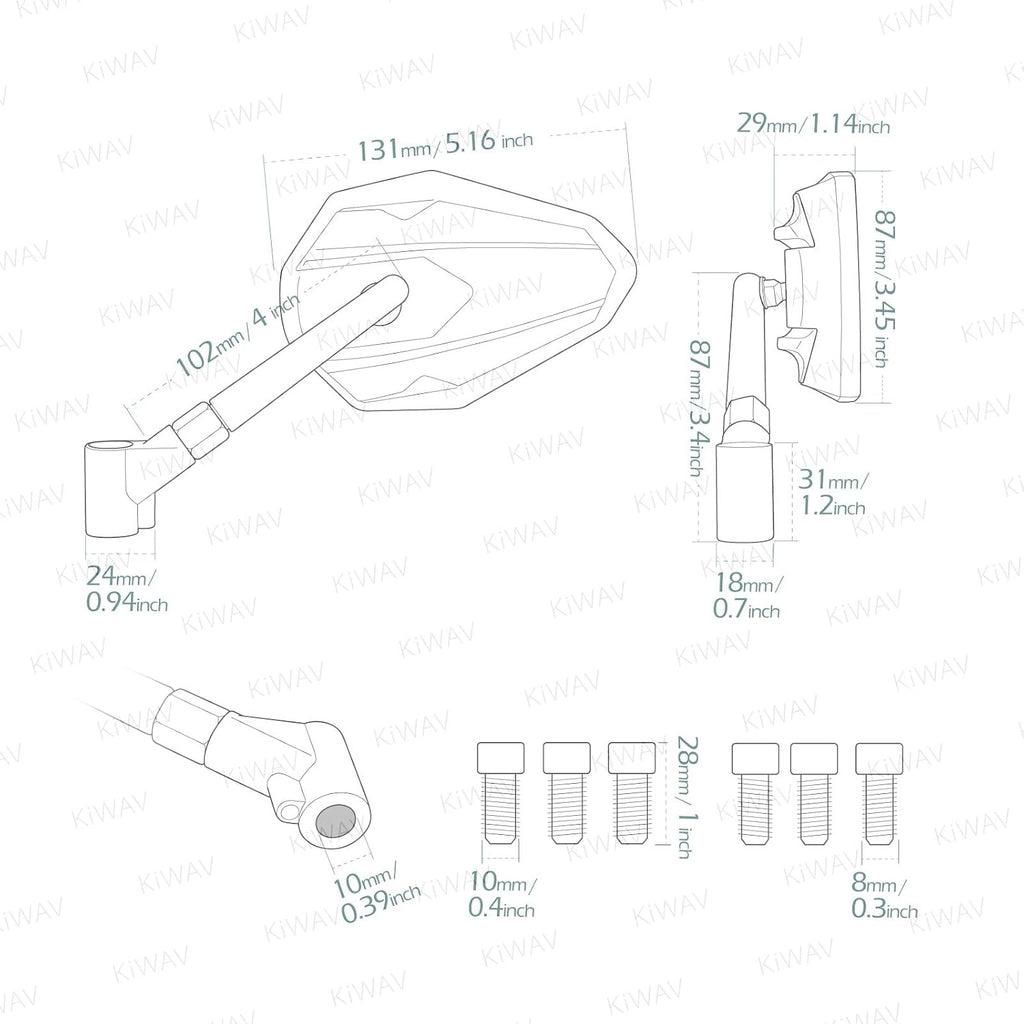 KiWAV 4Rizz White Motorcycle Rear View Mirrors Universal Fit 10mm 8mm Metric Bikes Scooters Chopper Cafe Racer Sold as 1 Pair