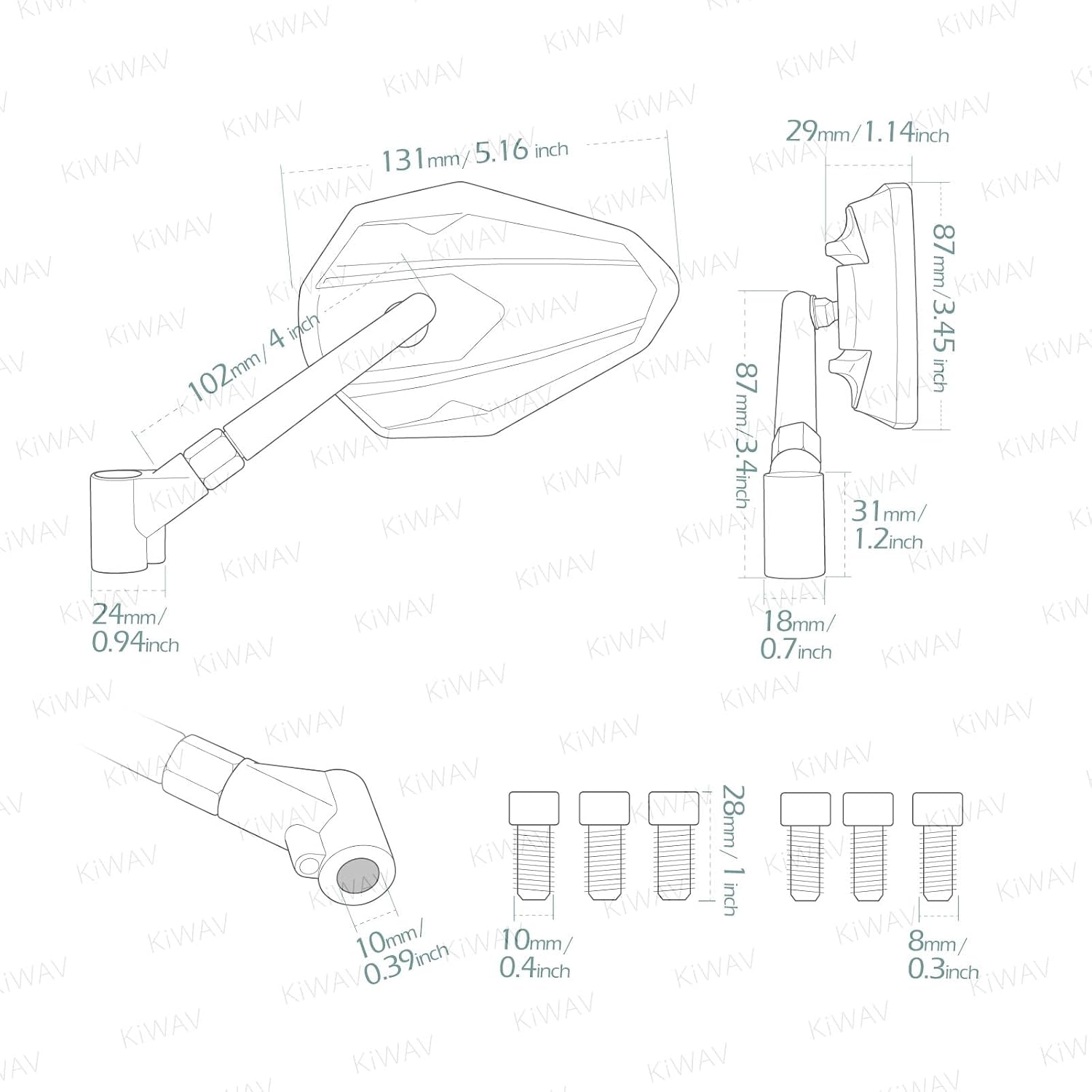 KiWAV 4Rizz White Motorcycle Rear View Mirrors Universal Fit 10mm 8mm Metric Bikes Scooters Chopper Cafe Racer Sold as 1 Pair