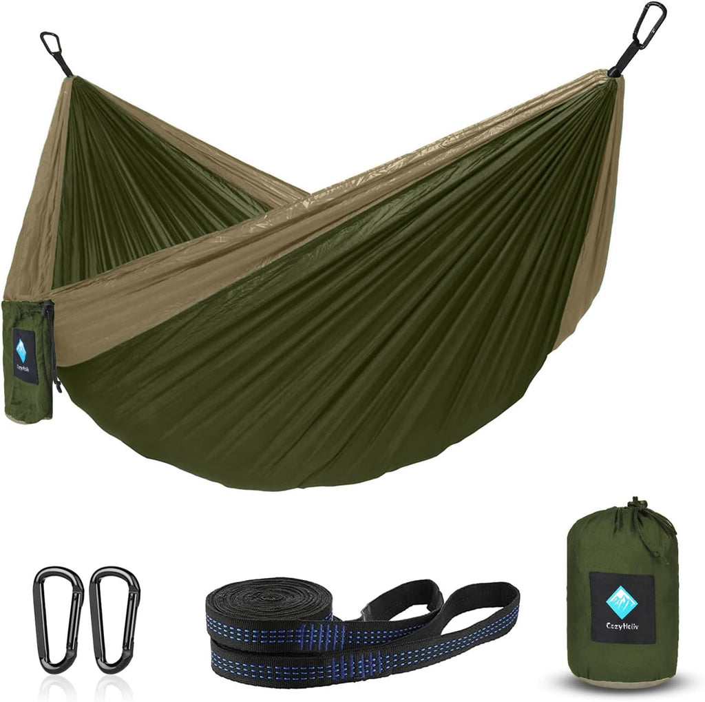 Hammock Camping, Portable Single/Double Hammocks for Outdoor Hiking Travel Backpacking - 210D Nylon Hammock Swing for Backyard & Garden (Green/Khaki)