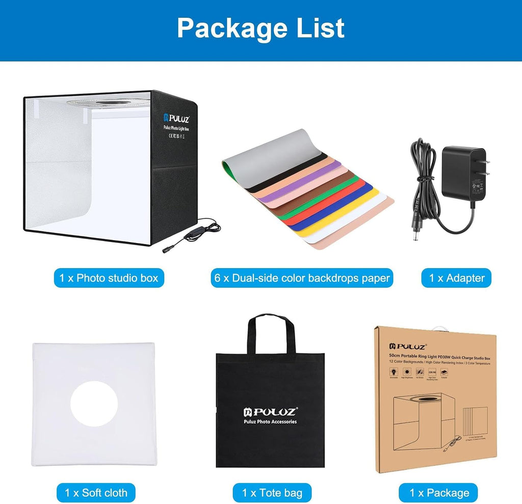 PULUZ Light Box Photography, 20x20 inch Portable Photo Studio Light Box, Professional Dimmable Quick Charge USB-C Photo Booth with 200 LED Lights & 12 Color Backdrops Photo Box for Product Photography