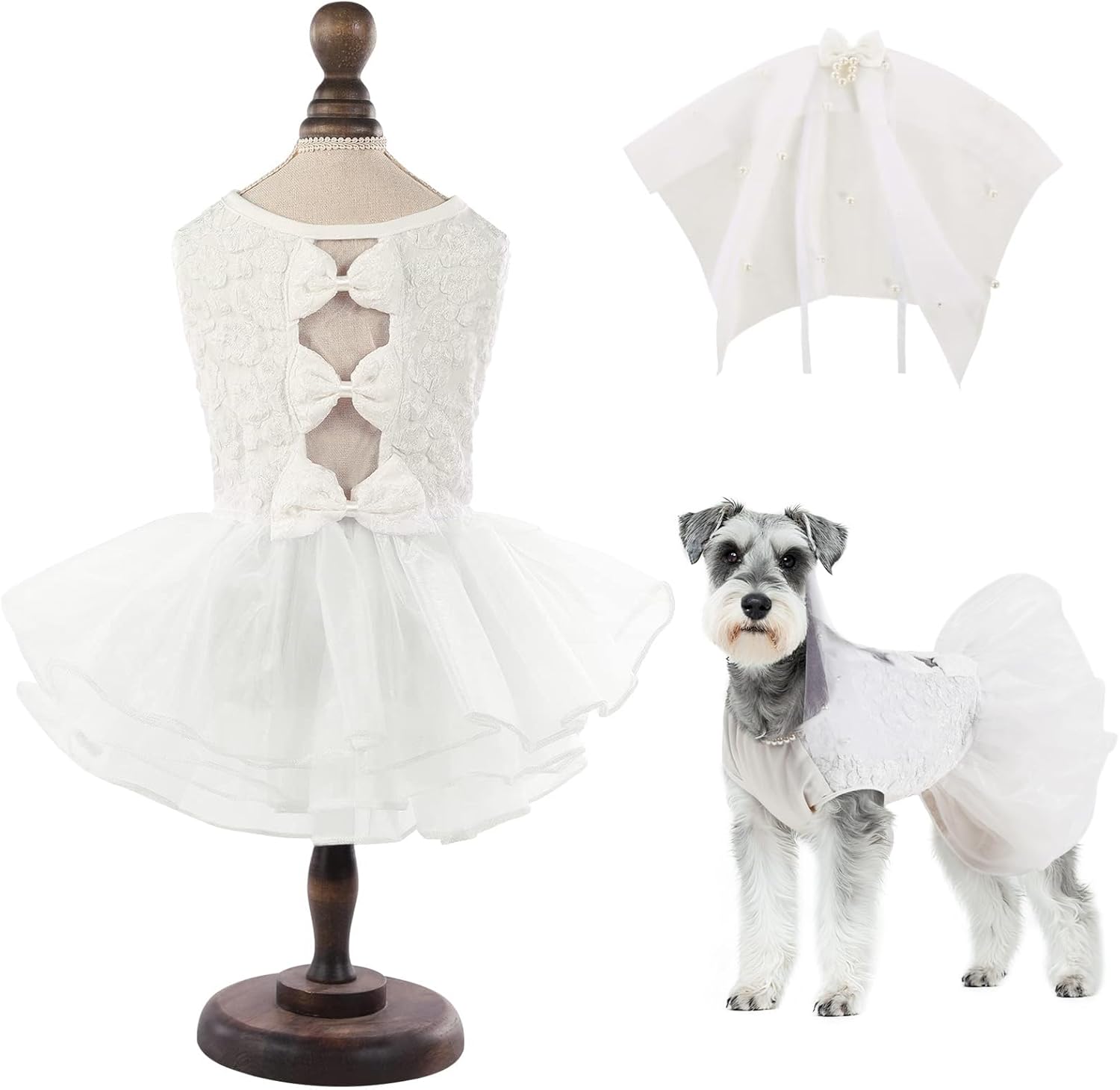ASENKU Dog Dress, Dog Wedding Dress with Bows, Veil Attachment, White XL