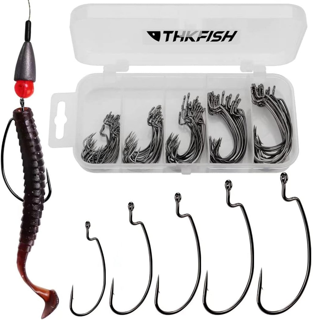 THKFISH 50pcs/100pcs/box Offset Worm Hook Fishing Hook Set Dropshot Hook Set Rubber Fish Jigs Fishing Kit # 2# 1 1/0 2/0 3/0