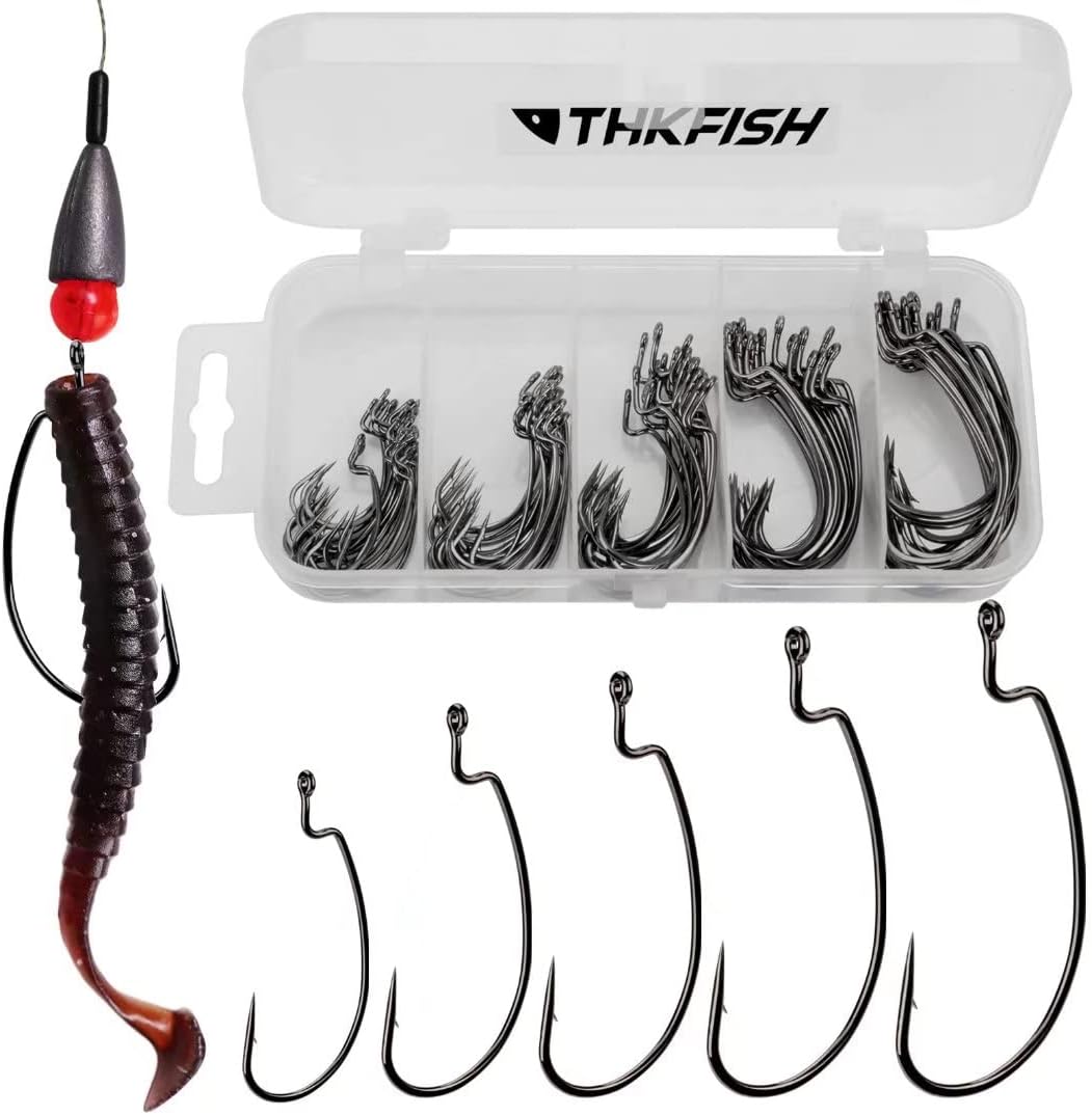 THKFISH 50pcs/100pcs/box Offset Worm Hook Fishing Hook Set Dropshot Hook Set Rubber Fish Jigs Fishing Kit # 2# 1 1/0 2/0 3/0