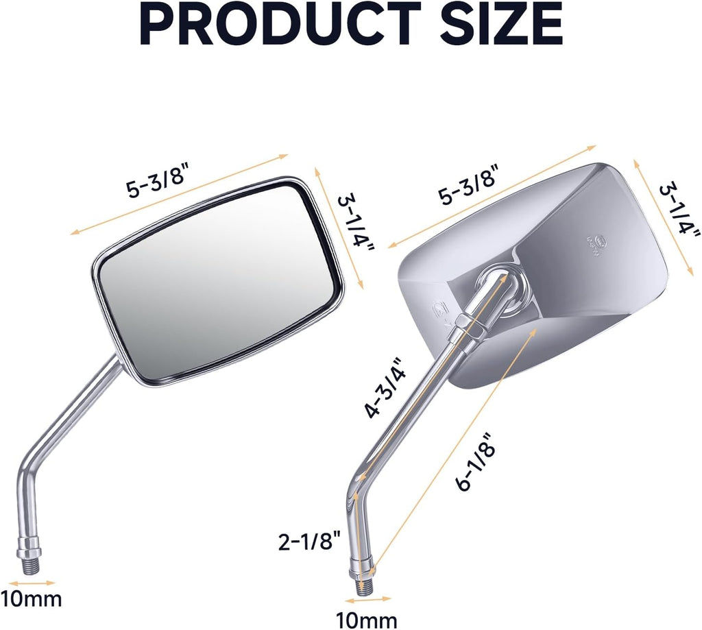 Universal Motorcycle Mirrors - M10 Chrome Rectangle Handlebar Rearview Side Mirrors Compatible with Honda Shadow MSX125 Kawasaki Vulcan Z900 Suzuki SV650 Volusia