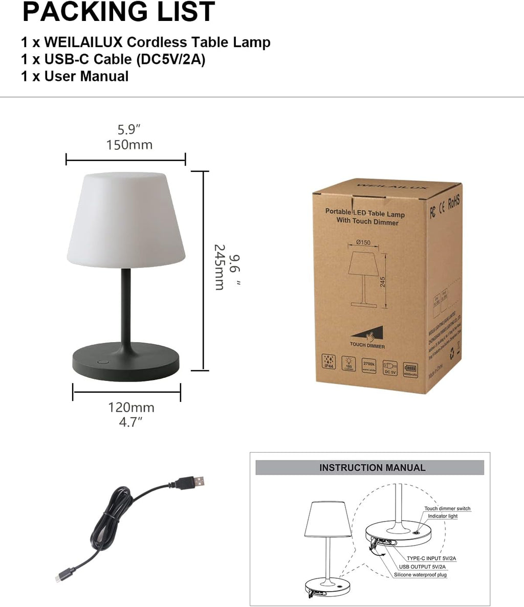 WEILAILUX Outdoor Battery Operated Table Lamp Waterproof, 4000mAh Cordless Table Lamp Rechargeable, Touch Dimmable Desk Lamp, LED Night Light for Patio Camping Restaurant Home, H9.6in, Dark Grey
