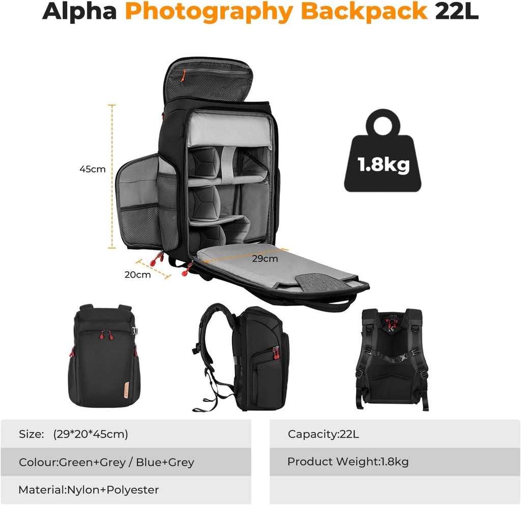 K&F CONCEPT Camera Backpack, 22L Expandable Camera Bag with Rain Cover