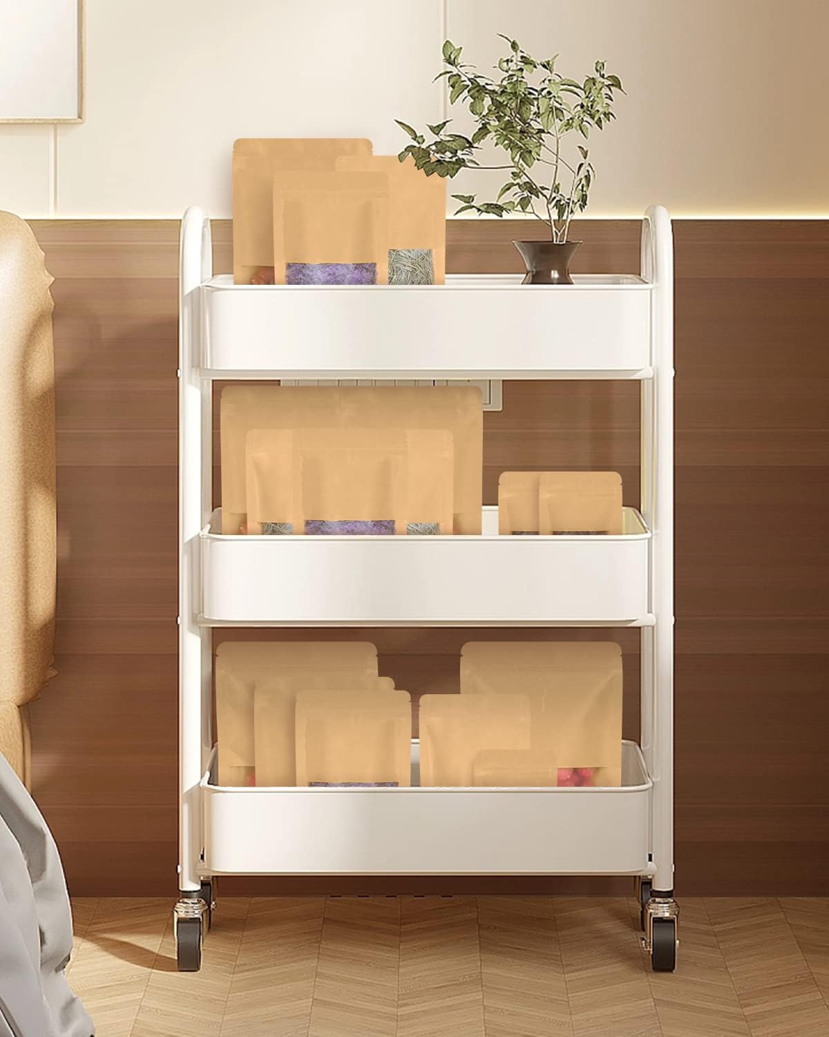 50pcs Kraft Bags with Window 7.1x10 Inches Brown Reusable Sealable Zip Lock Food Storage Stand up Paper Pouches for Home or Business