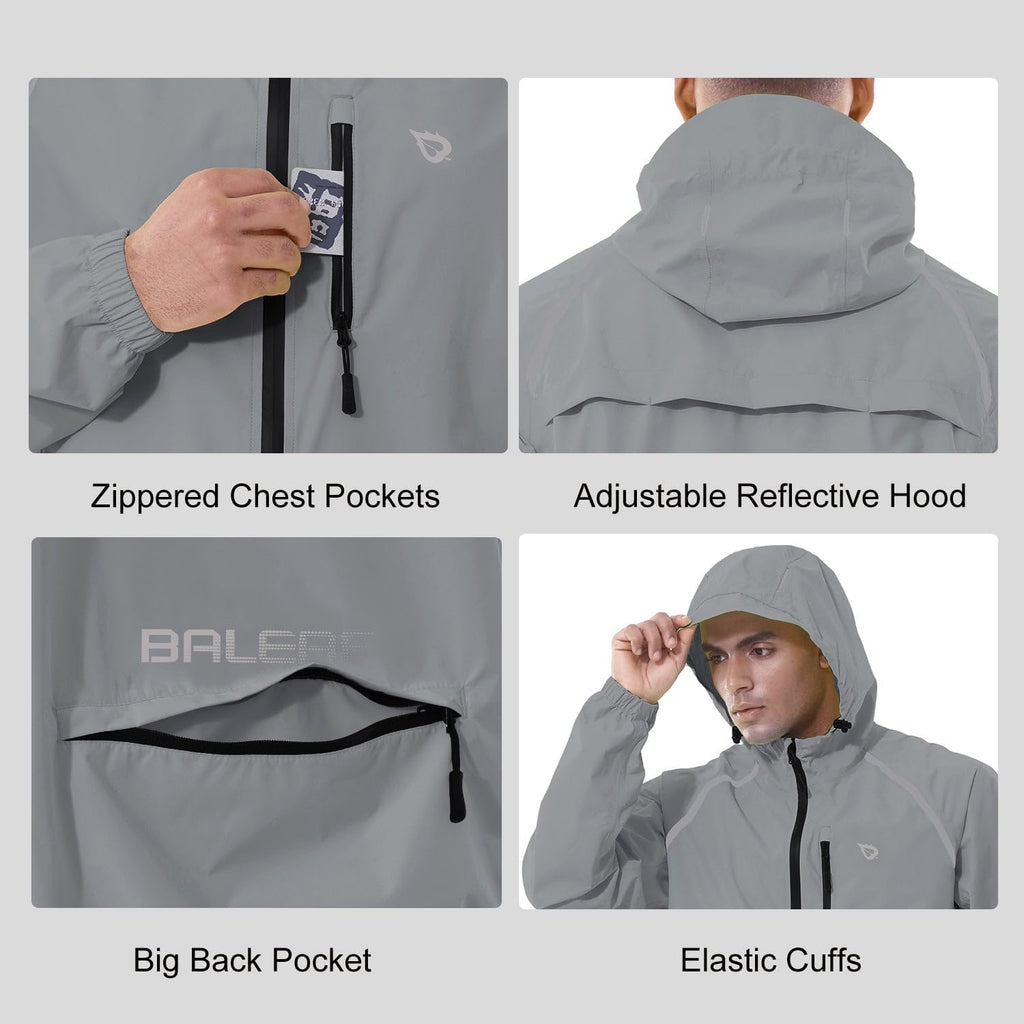 baleaf Men's Rain Jacket Waterproof Hood Lightweight Reflective Packable