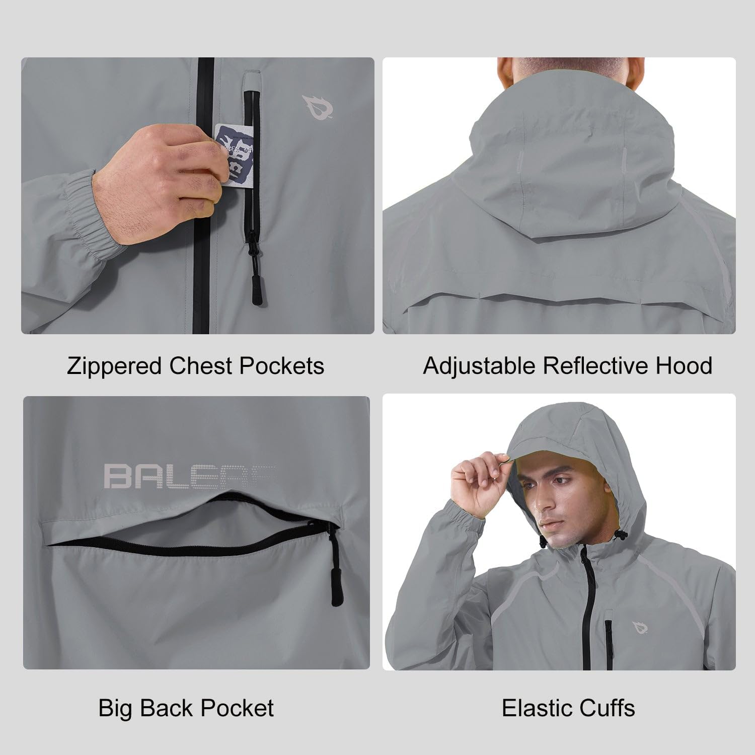 baleaf Men's Rain Jacket Waterproof Hood Lightweight Reflective Packable
