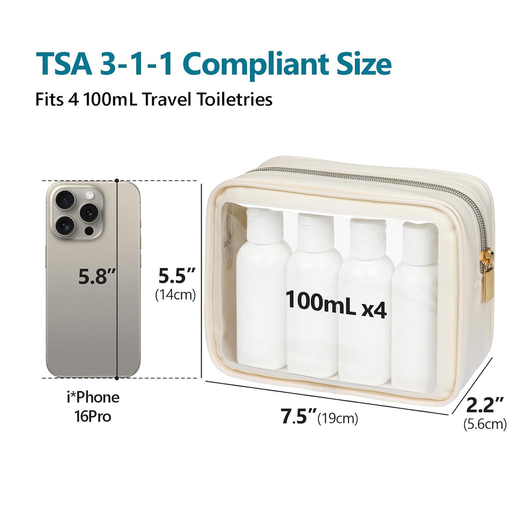 F-color TSA Approved Toiletry Bag - Clear Makeup Bag, 3 Pack, Beige