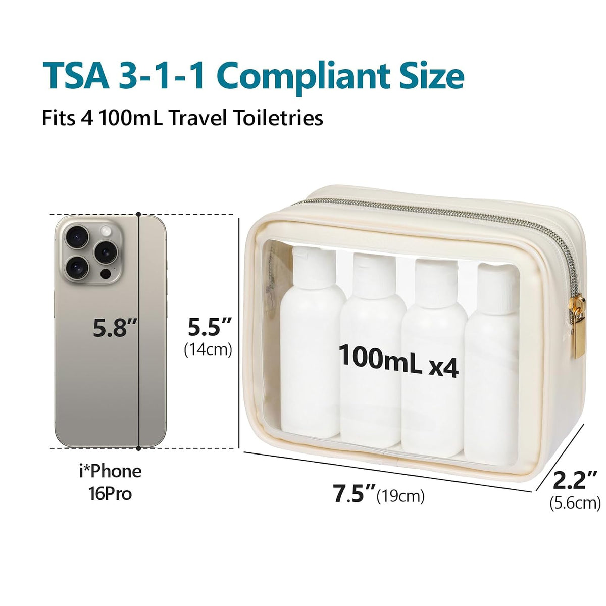 F-color TSA Approved Toiletry Bag - Clear Makeup Bag, 3 Pack, Beige