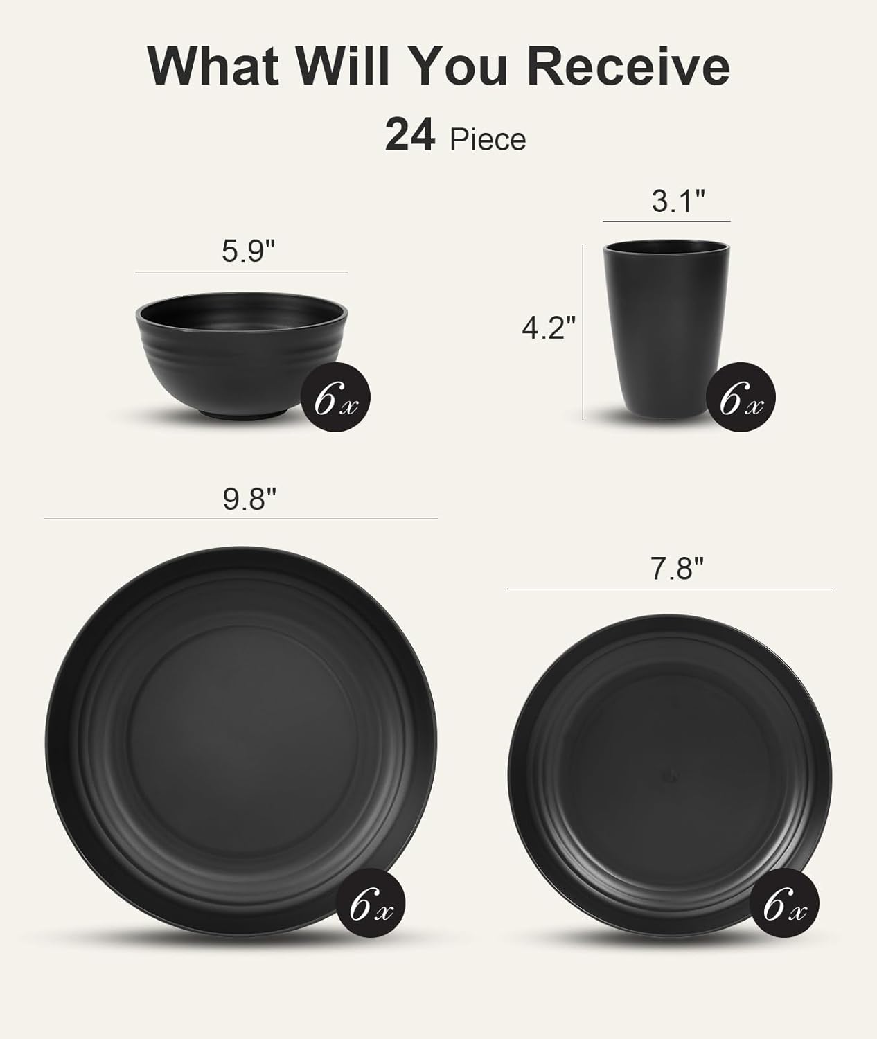 Quatish 24 Piece Plates and Bowl Set for 6, Dinnerware Dish Set for Kitchen | Unbreakable, Dishwasher Microwave Safe, House Warming Gift New Home,Dorm Apartment Essential, Kitchen and Dining Decor, Black