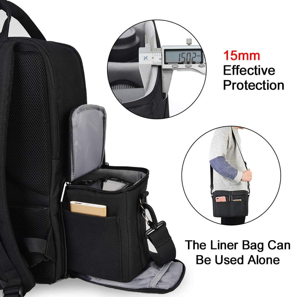 CADeN DSLR Camera Backpack Bag Waterproof Anti Theft with 15.6 inch Laptop Compartment, USB Charging Port, Tripod Holder, Rain Cover, Inner Case, Compatible for Sony Canon Nikon Olympus Black