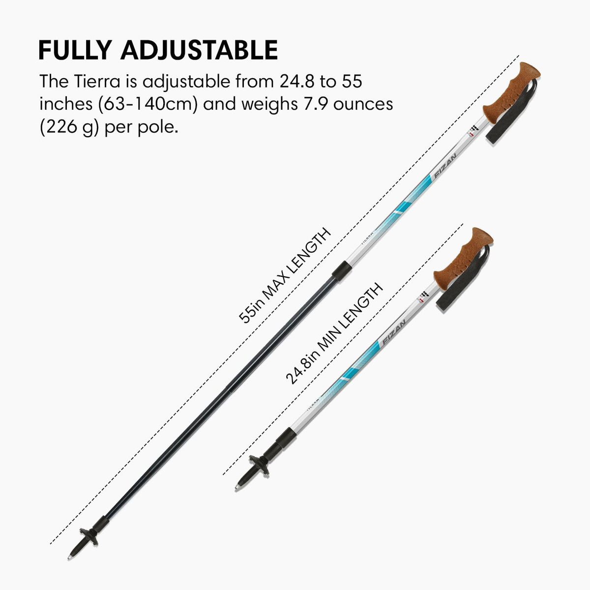 Fizan Tierra Trekking Poles – 8 oz, Ultralight, Backpacking, Thru Hiking Poles, Adjustable, Collapsible, Customized Fit, Cork Grips, Aluminum Walking Sticks