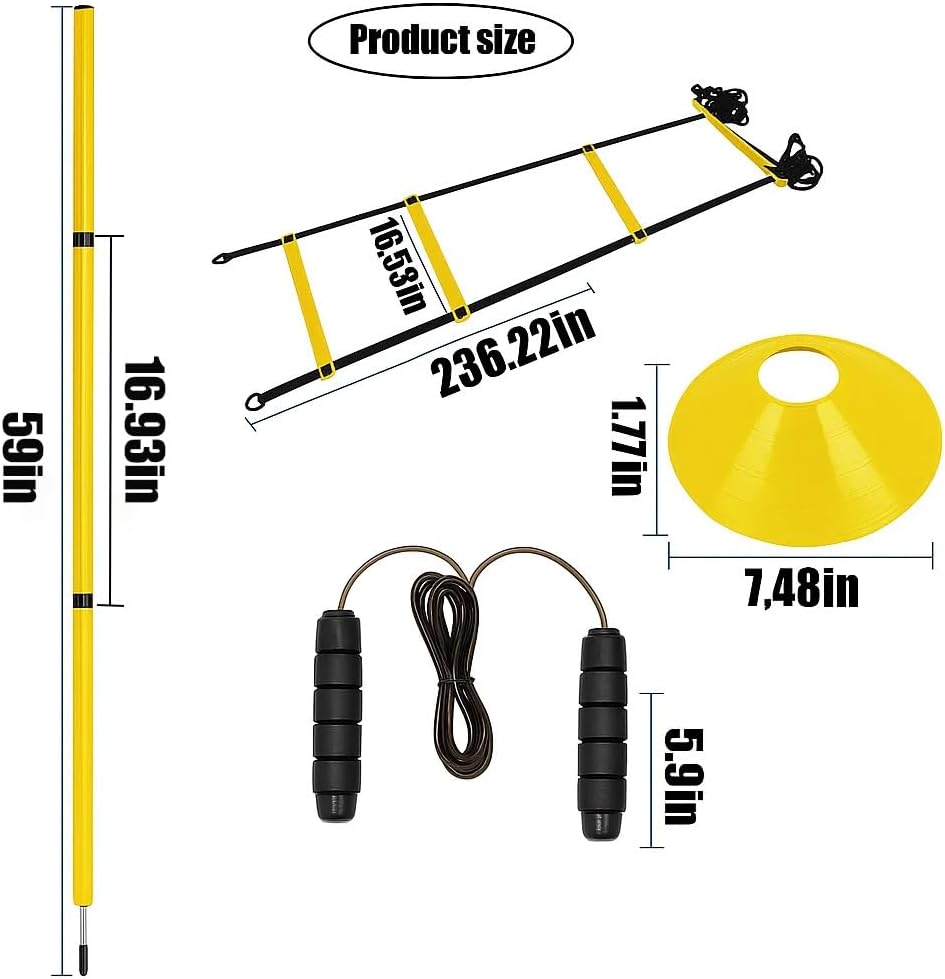 Soccer Agility Training Equipment, 6 Adjustable Soccer Training Agility Poles, 1 Speed Agility Ladder,10 Soccer Agility Cones for Training, 1 Jump Rope + Storage Bag for Youth Soccer Drills