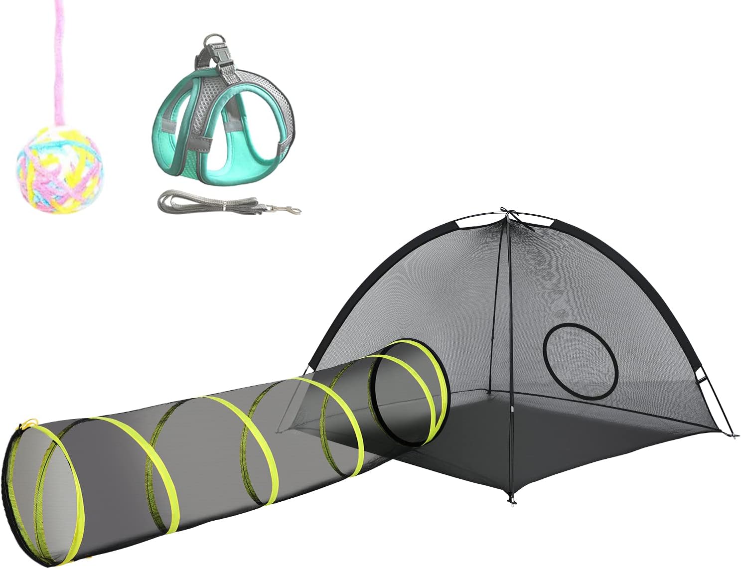 Outdoor Cat Enclosures Indoor, Portable Mesh Tent, Tunnel, Playhouse With Adjustable Harness and Leash for Walking, Colorful Tease Ball for Animals
