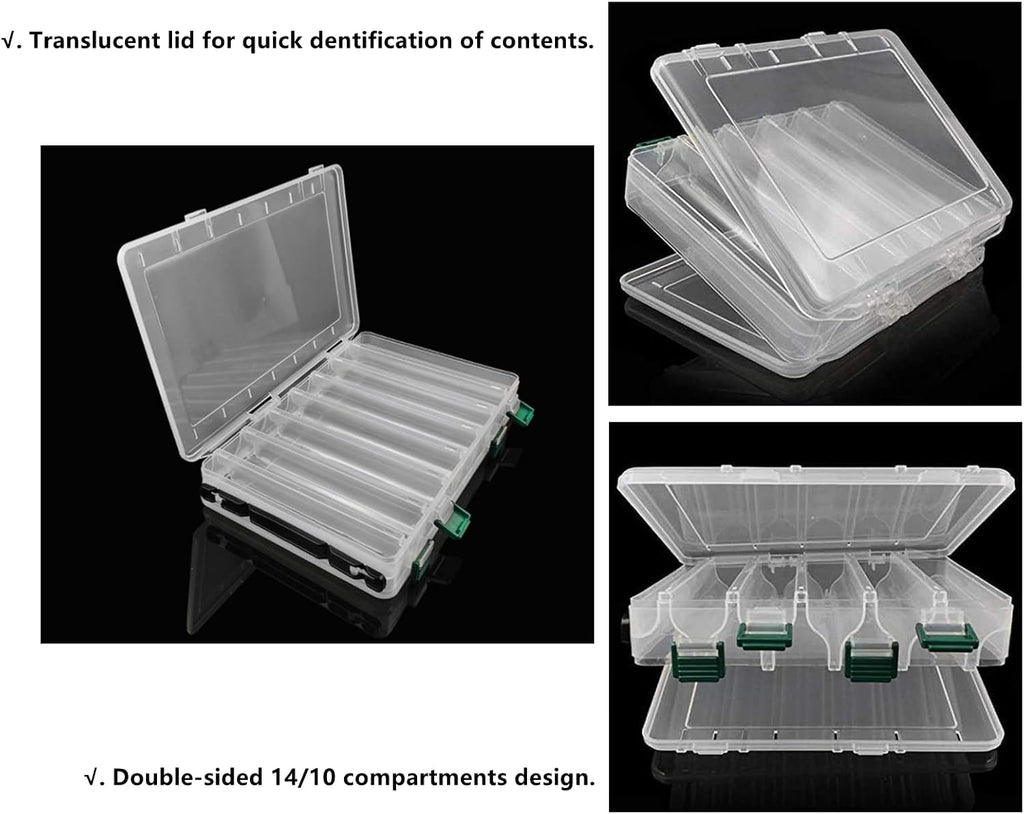 Double-Sided Fishing Lure Hook Tackle Box Visible Hard Plastic Clear Fishing Lure Bait Squid Jig Minnows Hooks Accessory Storage Case Container (Clear-14 Slots)