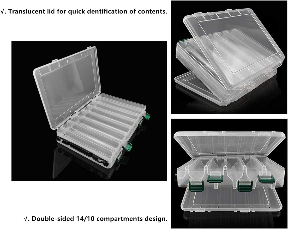 Double-Sided Fishing Lure Hook Tackle Box Visible Hard Plastic Clear Fishing Lure Bait Squid Jig Minnows Hooks Accessory Storage Case Container (Clear-14 Slots)