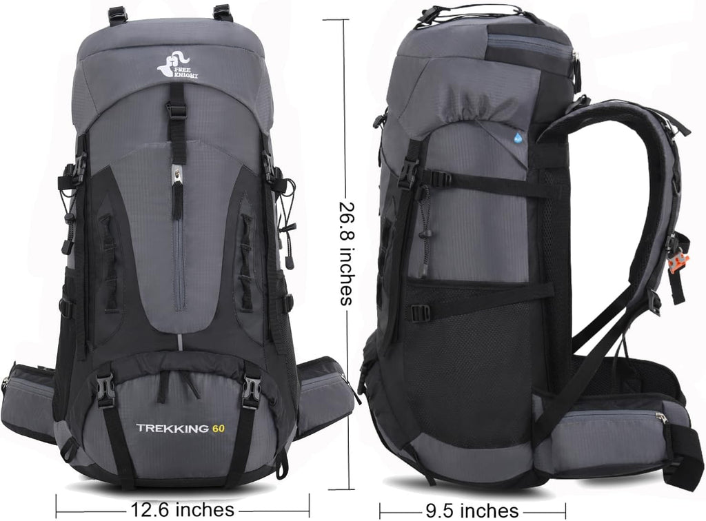Bseash 60L Hiking Camping Backpack with Rain Cover, Waterproof Large Capacity Outdoor Sport Travel Daypack Climbing Touring (Gray)