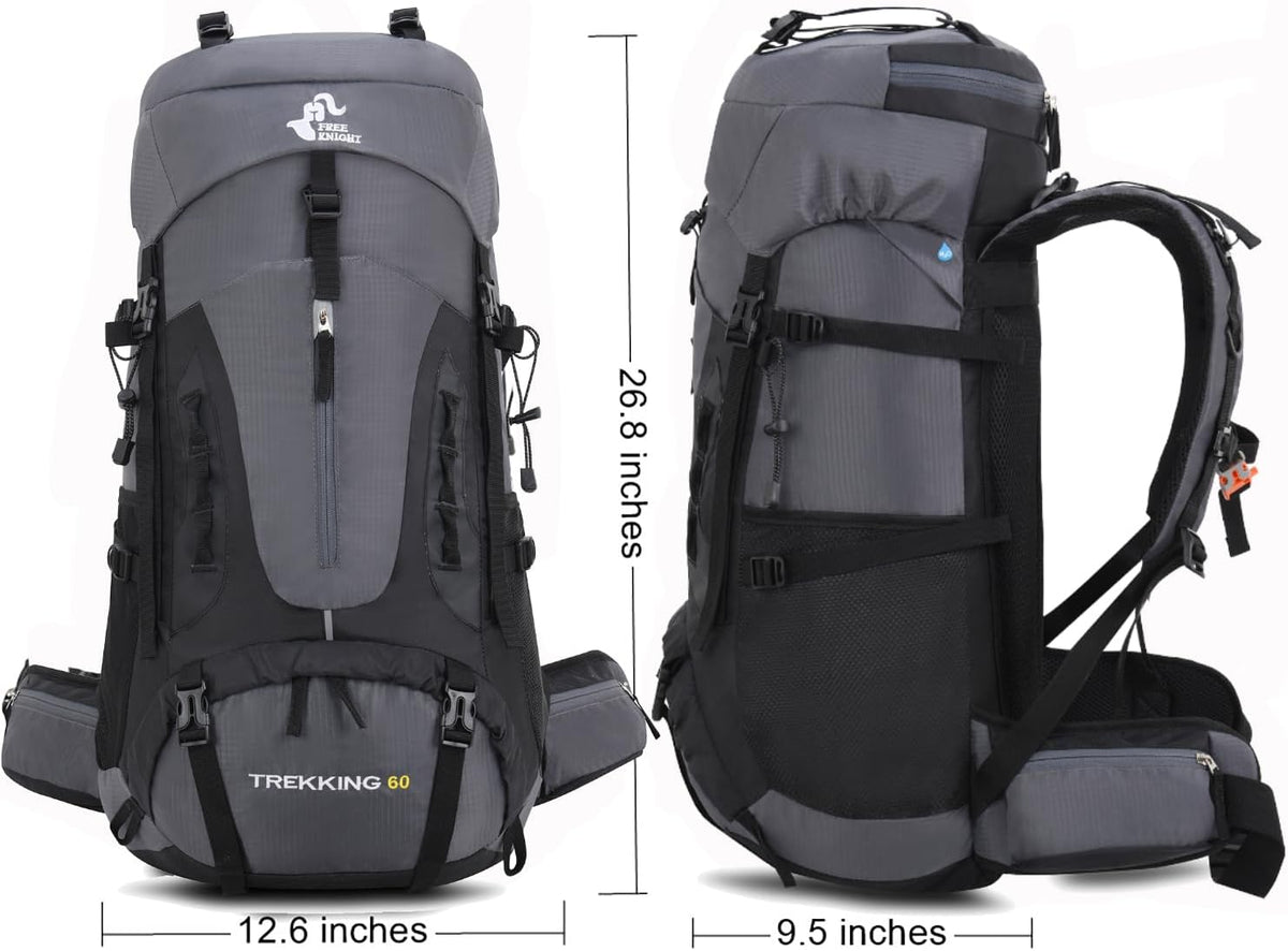 Bseash 60L Hiking Camping Backpack with Rain Cover, Waterproof Large Capacity Outdoor Sport Travel Daypack Climbing Touring (Gray)