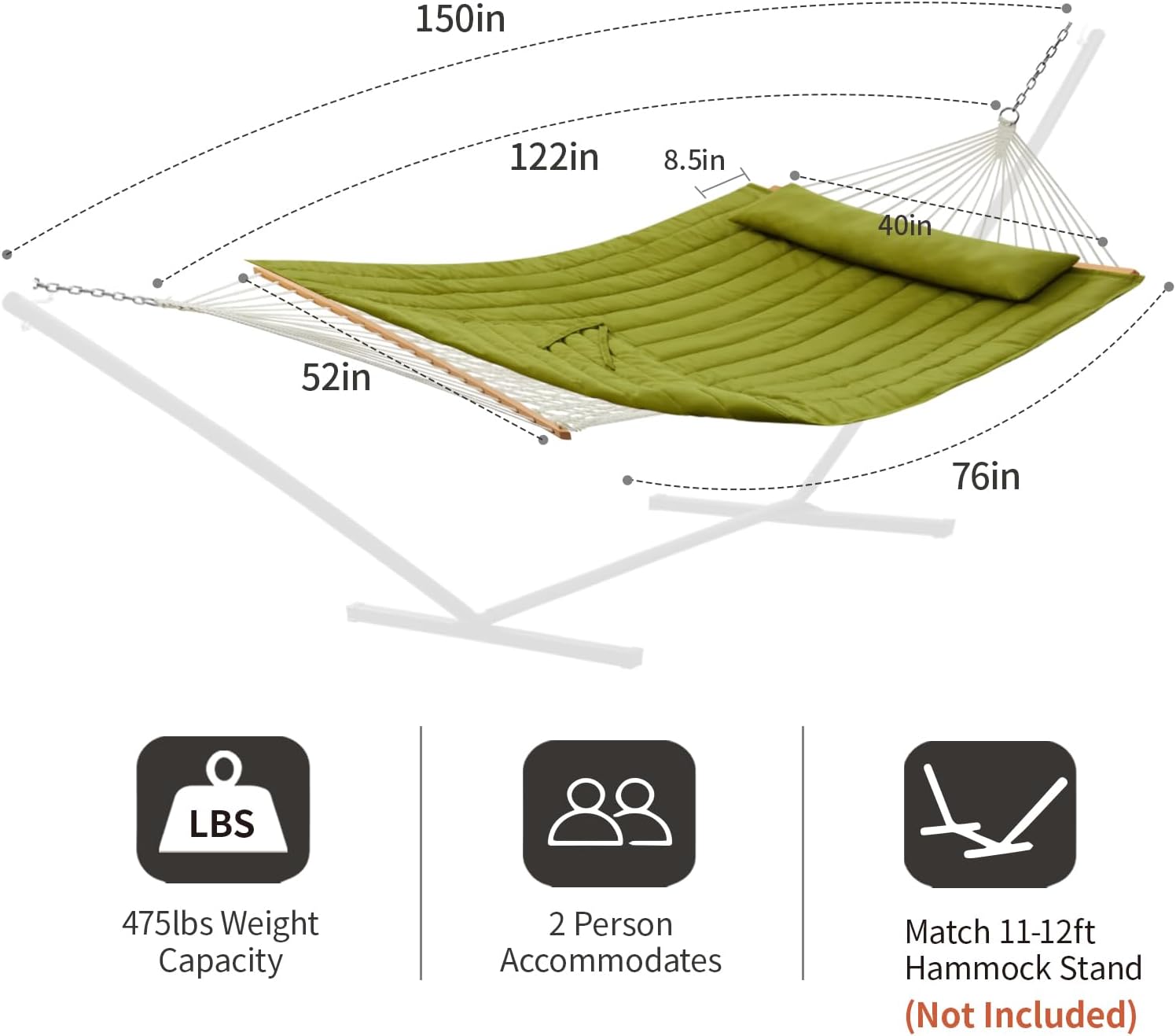 CHULIM Outdoor Double Hammock with Hardwood Spreader Bars, Large Rope Hammock with Polyester Pad and Pillow, 475 LBS Capacity for 2 Person Patio Backyard Poolside - Green
