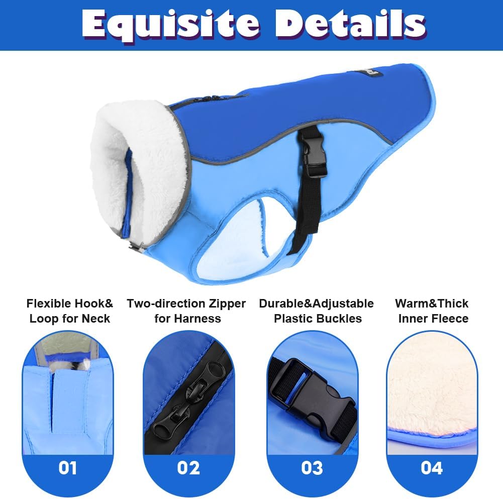 EMUST Dog Jacket, Windproof Polyester, Warm Fleece Lined, Reflective, New Blue, S