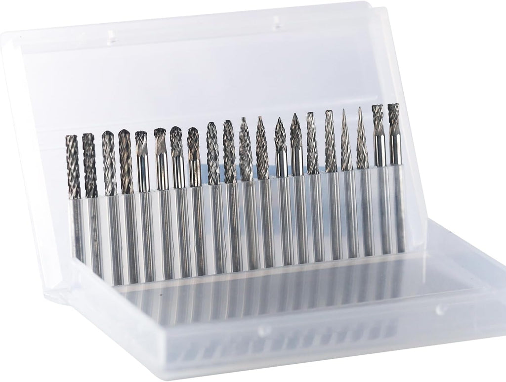 Mini Carbide Burrs Set 1/8’’ Shank Solid Tungsten Carbide Burrs with 1/8’’ Cutting Head Double Cut Rotary File for Die Grinder Rotary Drill Tool 20pcs for Carving Grinding Engraving Polishing Bit