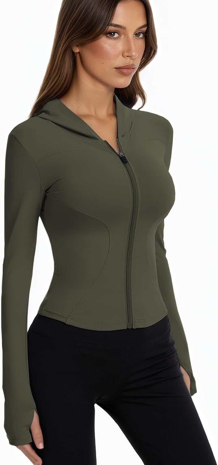 Women Bbl Jackets with Hood Compression Workout Tops Lined or Unlined Lightweight Yoga Gym Jacket with Thumb Hole