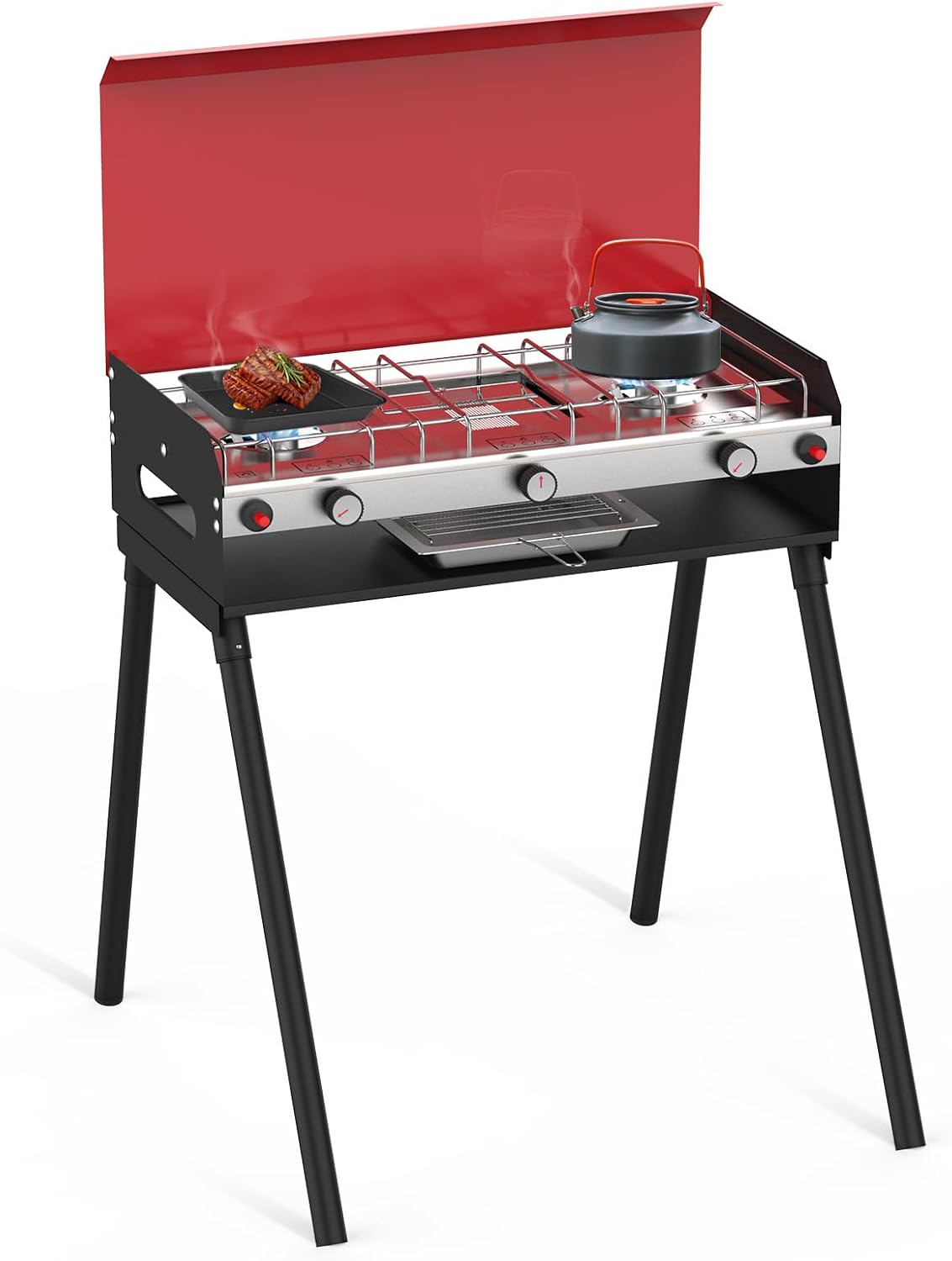 CAMPLUX 2 Burners & 1 Grill Propane Camping Stove, 15,000 BTU Portable Outdoor Propane Camping Grill Burner with Free Standing Legs, Auto-Ignition Gas Stove with Regulator, Red
