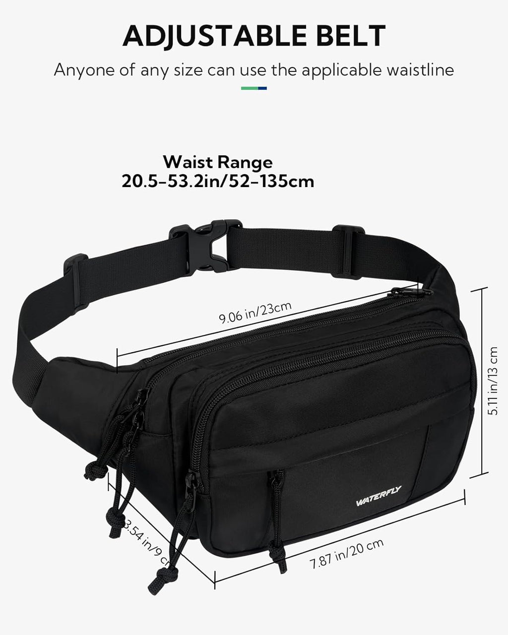 WATERFLY Fanny Pack Waist Bag: 2.5L Large 5 Zipper Pockets for Women Men