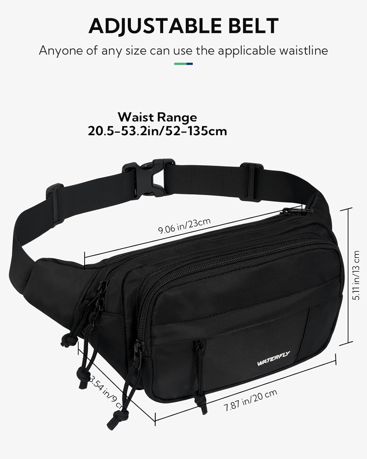 WATERFLY Fanny Pack Waist Bag: 2.5L Large 5 Zipper Pockets for Women Men