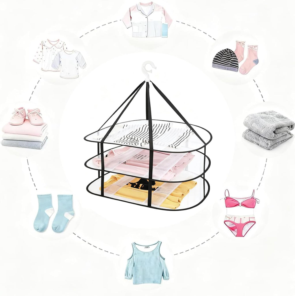 Fashion & Lifestyle 3-Tier Foldable Clothes Black Drying Rack, Hanging Mesh Laundry Dryer with Sturdy Frame for Delicates/Sweaters/Underwear, Space-Saving Indoor Outdoor Drying Organizer