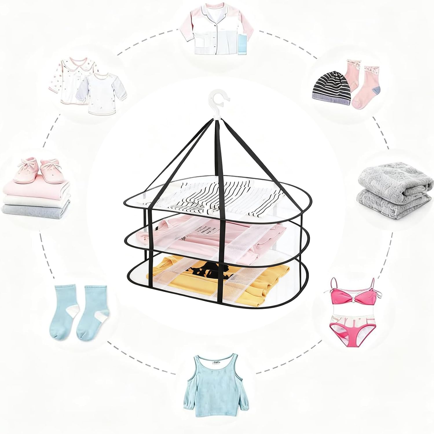 Fashion & Lifestyle 3-Tier Foldable Clothes Black Drying Rack, Hanging Mesh Laundry Dryer with Sturdy Frame for Delicates/Sweaters/Underwear, Space-Saving Indoor Outdoor Drying Organizer
