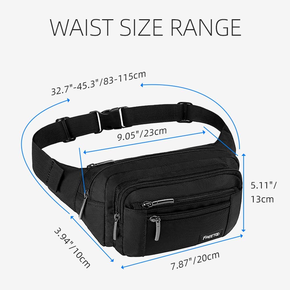 FREETOO Fanny Pack For Men Women, Large Capacity Waist Bag Black Belt Bag | 6 Pockets, Waterproof, Adjustable, Scratch-Resistant, Wear-Resistant, Travel Vacation Walking Hiking Running Park Fishing