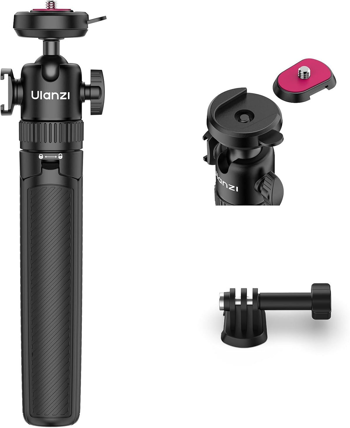 ULANZI MT90 2-in-1 Selfie Stick Tripod with CKA Quick Release, 5-Section Adjustable Aluminum Stand, 360° Ball Head & Cold Shoe for GoPro Hero/DJI Osmo Action/Insta360, Compact Cameras