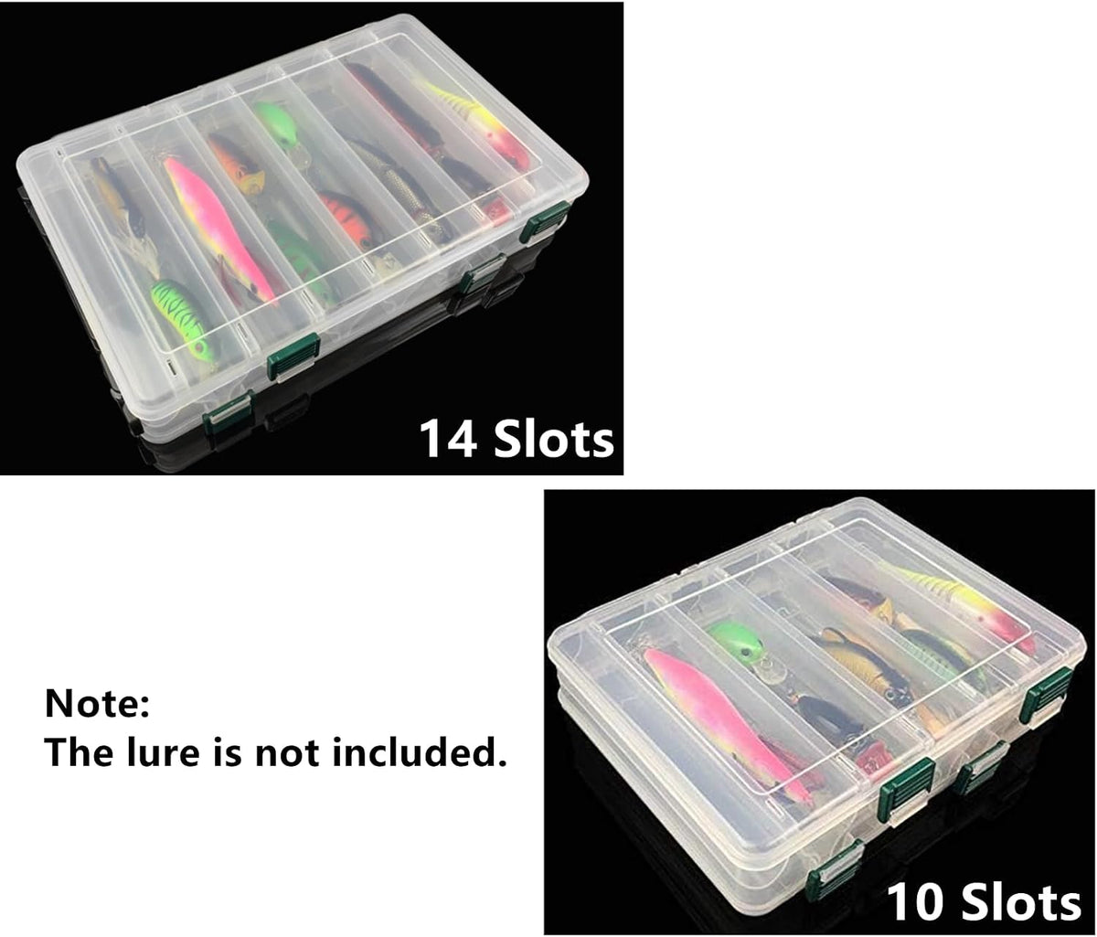 Double-Sided Fishing Lure Hook Tackle Box Visible Hard Plastic Clear Fishing Lure Bait Squid Jig Minnows Hooks Accessory Storage Case Container (Clear-14 Slots)