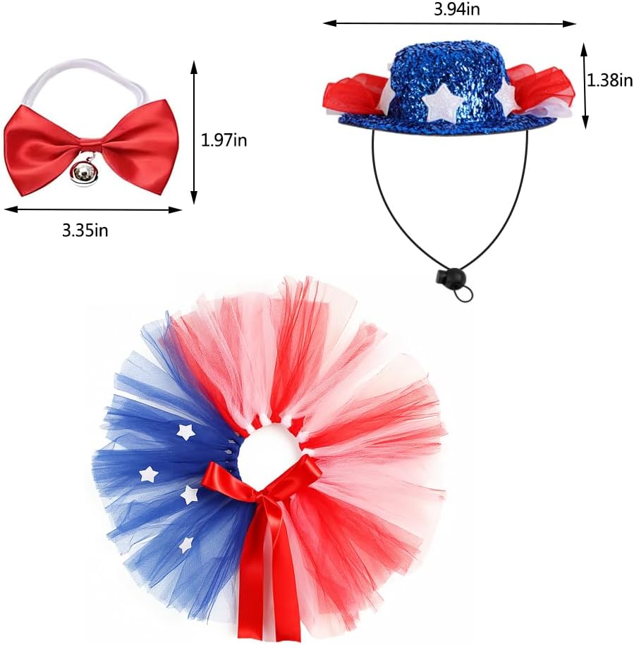 3 PCS Dog 4th of July Outfit, Cat Dog Costume Patriotic 4th of July with Tutu Skirt, Bowtie Collar and Hat Set, Independence Day Pet Accessories for Small Medium Dogs Cats