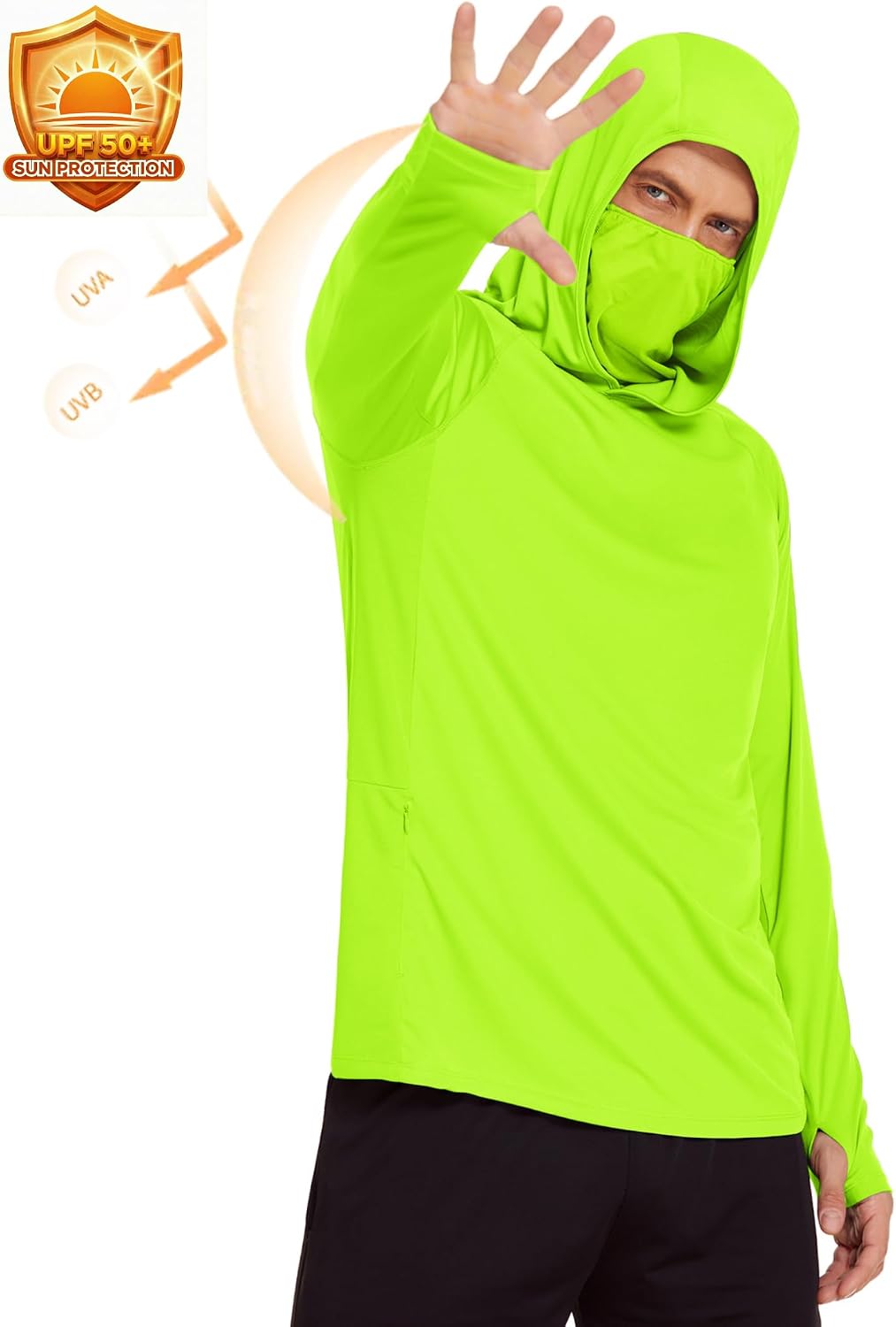 COOrun Men's Hooded Sun Shirts with Mask Fishing Shirts for Men Long Sleeve UPF 50 Rash Guards Cooling Hoodies Hiking Shirts