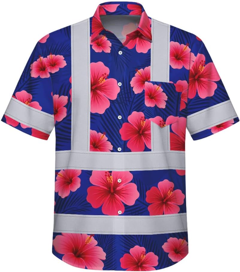 High Visibility Hawaiian Shirt for Men Tropical Shirts Custom Name Floral Outfit Reflective Safety Workwear