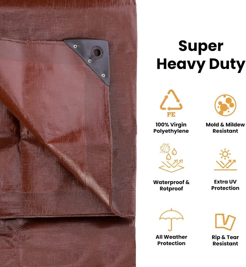 WHITEDUCK Super Heavy Duty Poly Tarp Cover 16 Mil with Grommets and Reinforced Edges (Brown- 16 Mil, 6' x 8')