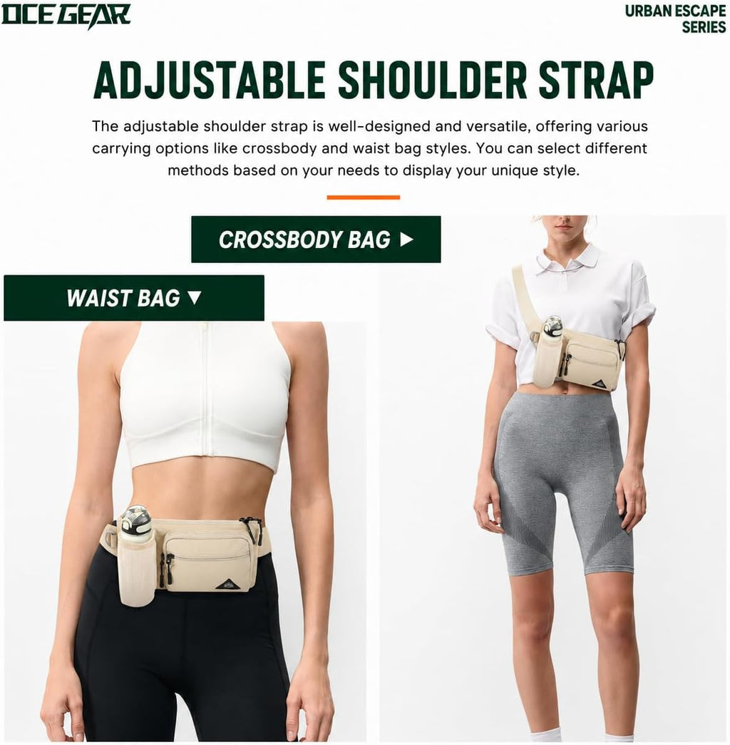 Fanny Pack with Water Bottle Holder for Men Women Waist Bag Running Waist Pack Waterproof for Outdoor Travel Cycling Climbing Walking Fit All Phones (Bottle Not Included) (Beige)