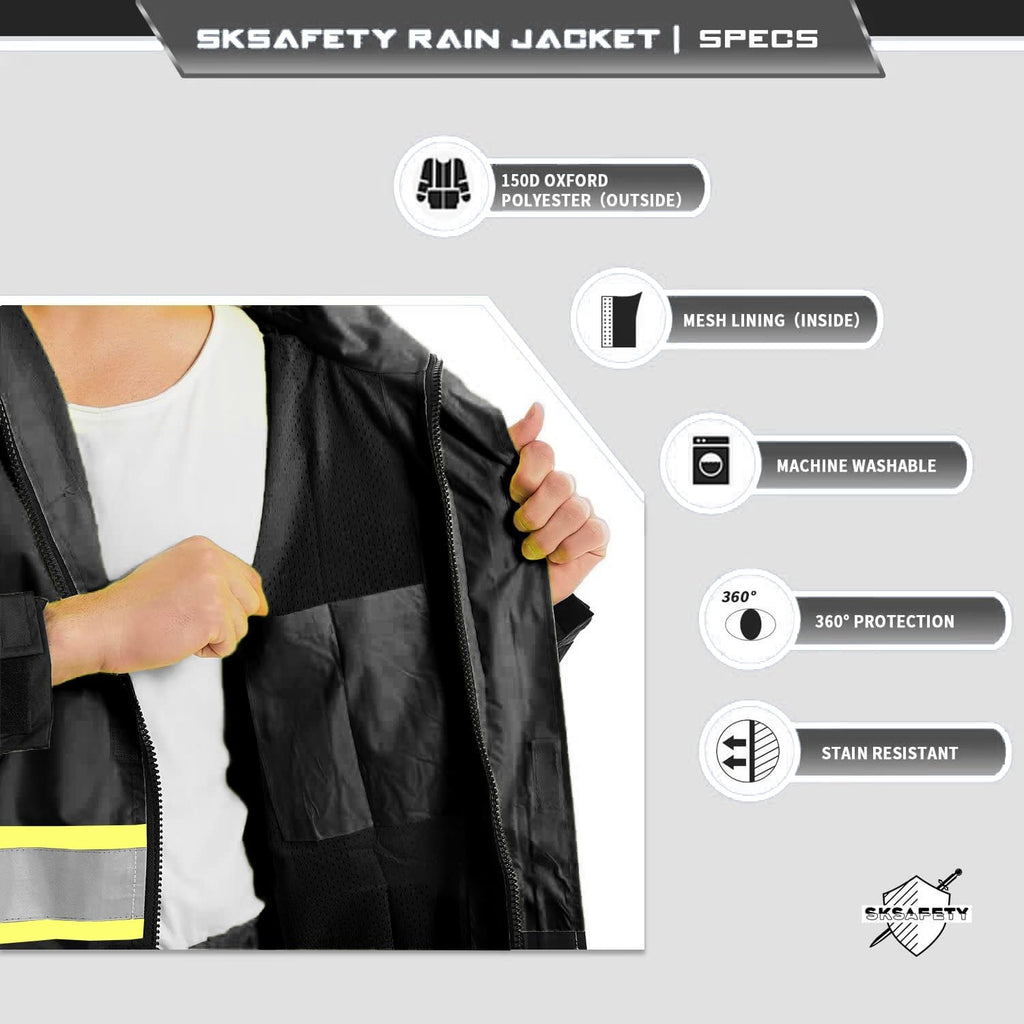 SKSAFETY Hi Vis Safety Rain Jacket for Men, Construction Work Rain Gear Heavy Duty Class 3 Rain Coat Waterproof Lightweight