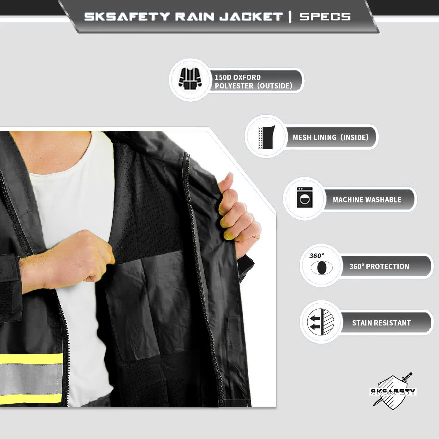 SKSAFETY Hi Vis Safety Rain Jacket for Men, Construction Work Rain Gear Heavy Duty Class 3 Rain Coat Waterproof Lightweight