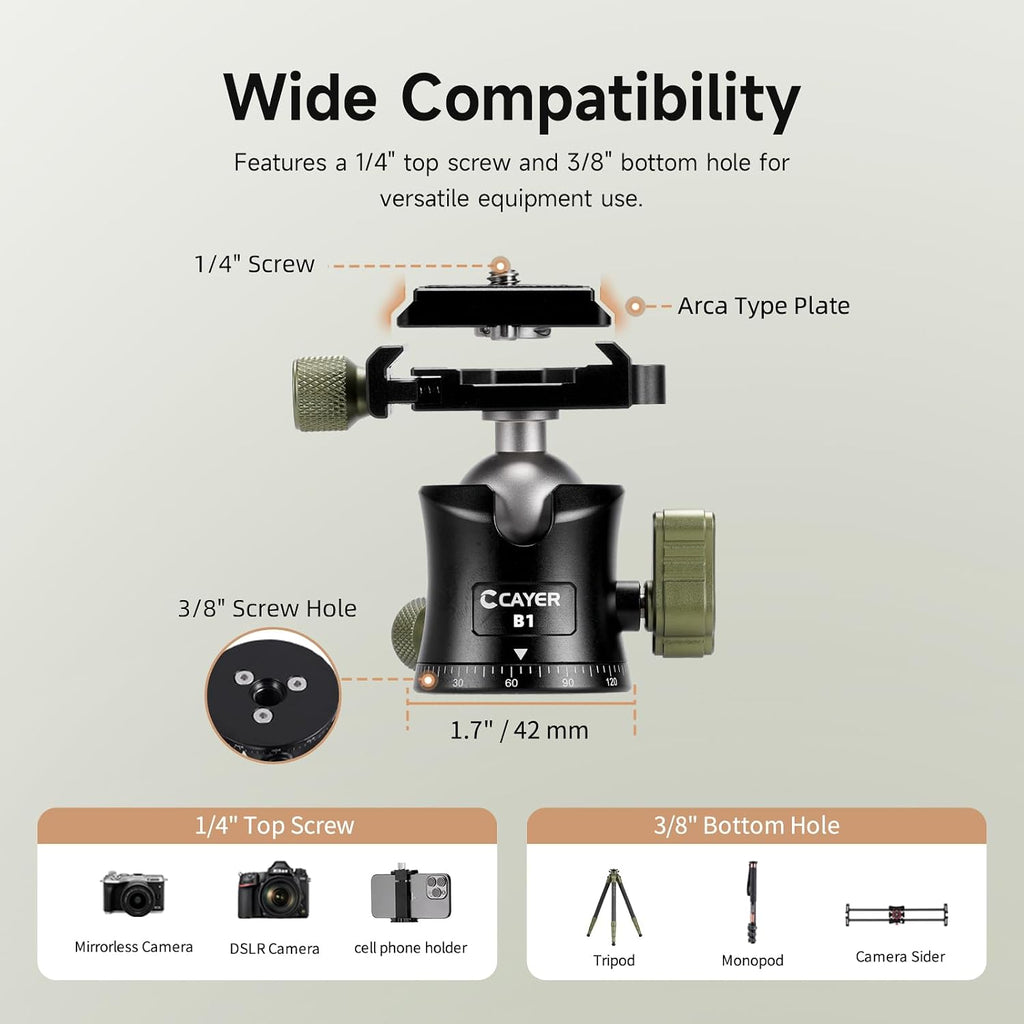 Cayer CH35 Travel Tripod, 53.6" Carbon Fiber Tube with Compact Ball Head