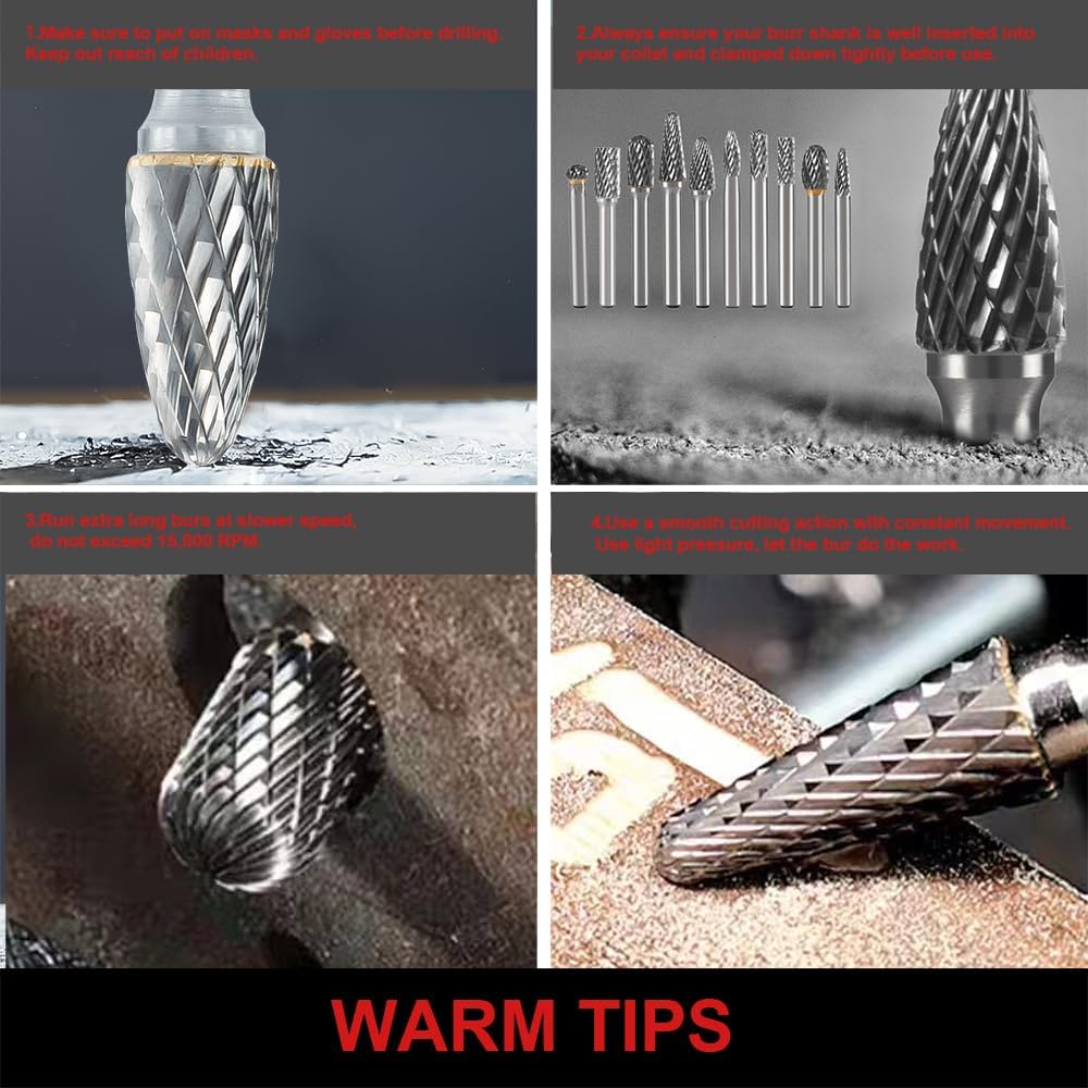 HIDOTOL Carbide Burr Set 1/4" Shank 10PC Tungsten Double Cut Carbide Rotary Burr Set for Metal and Wood Carving, Grinding, Polishing, Engraving, Drilling in Wooden Case.
