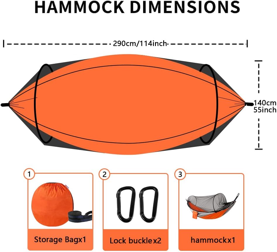 Camping Hammock with Mosquito Net - Double & Single Portable Hammocks with 2 Tree Straps, Lightweight Hammock Tent for Outdoor Camping, Hiking, Backpacking, Beach & Backyard (Orange)