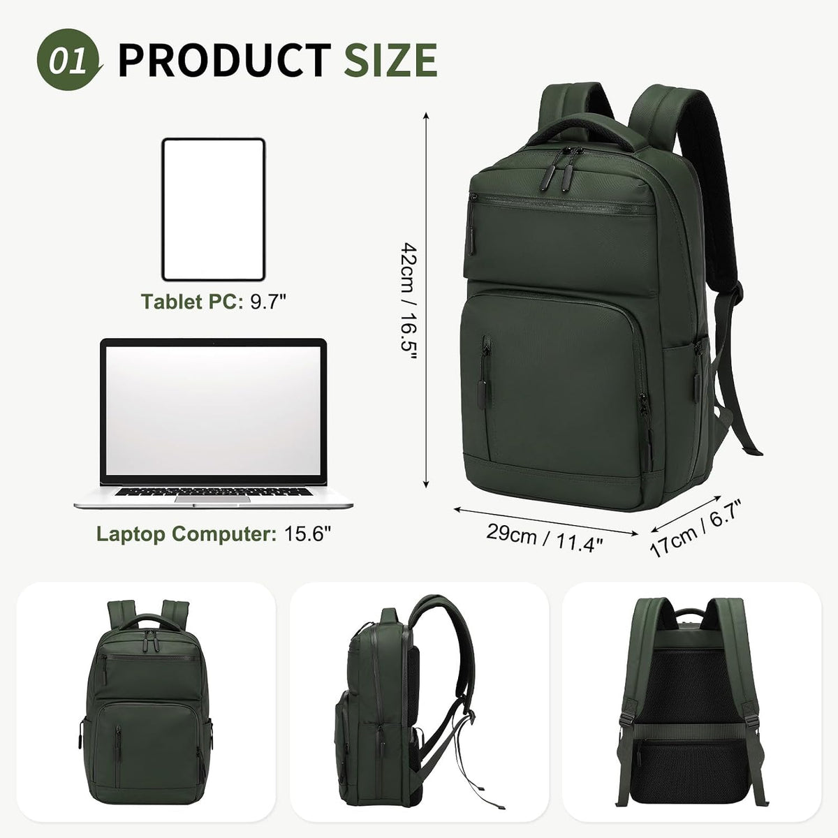 20L 15.6 Inch Laptop Backpack Anti Theft Flight Approved Green