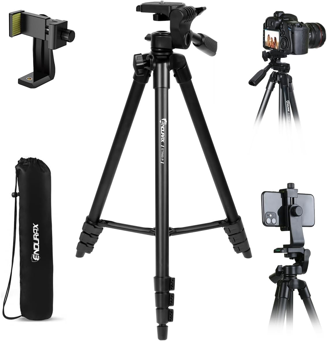 Endurax 60'' Camera Tripod Camera Stand for Canon Rebel Eos Nikon DSLR, Travel Tripods for Phone Tablet with Remote Black