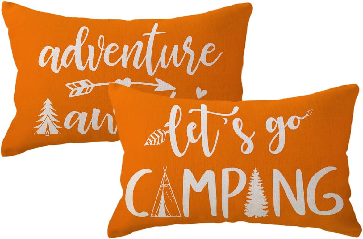 Adventure Camper Decorative Lumbar Pillowcase Double-sided Let’s Go Camping/Adventure Awaits Throw Pillow Covers Cabin/Camper Cushion Covers 12x20,2Pack for Sofa/Couch/Porch (Purple)