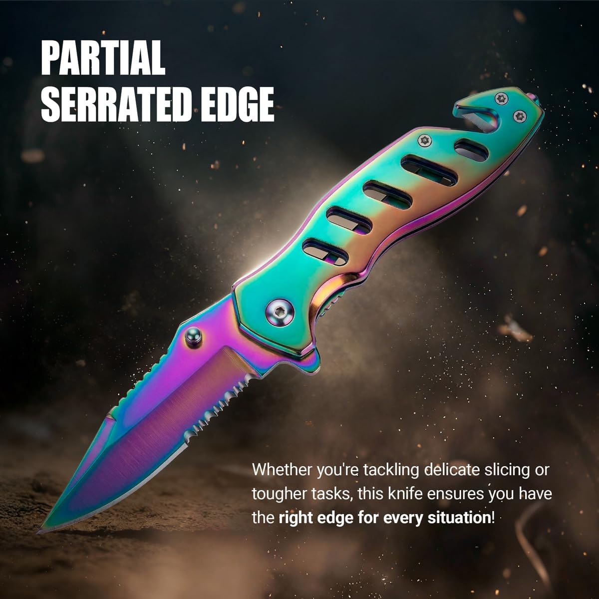 Legal Rainbow Pocket Knife with Glass Breaker Seatbelt Cutter - 2.68 Inch Sharp Serrated Blade - Cute Small Folding Womens Knives for Self Defense EDC Camping - Food Processing Cake Knives 6655 R